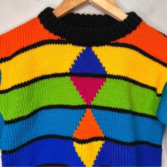 Handmade Knit Crew Neck Rainbow Colourblock 80s Inspired Sweater Size 6 - Picture 3 of 9